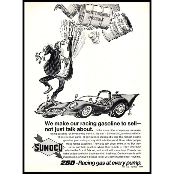 1970 Sunoco 260 Racing Gasoline Gas Vintage Print Ad Cartoon Wall Art Drawing - Picture 1 of 1